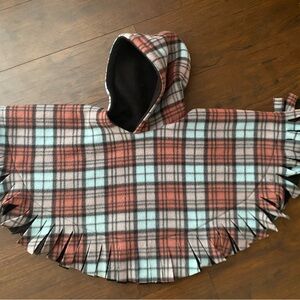 Plaid Fleece Hooded Poncho in Rust and Mint